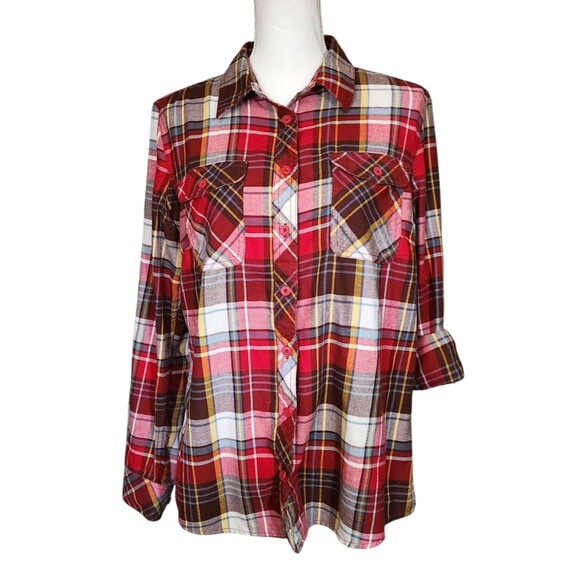 Duluth Trading Co. Flannel Shirt Red Plaid Roll Tab Sleeves Pockets Womens L - Picture 2 of 10